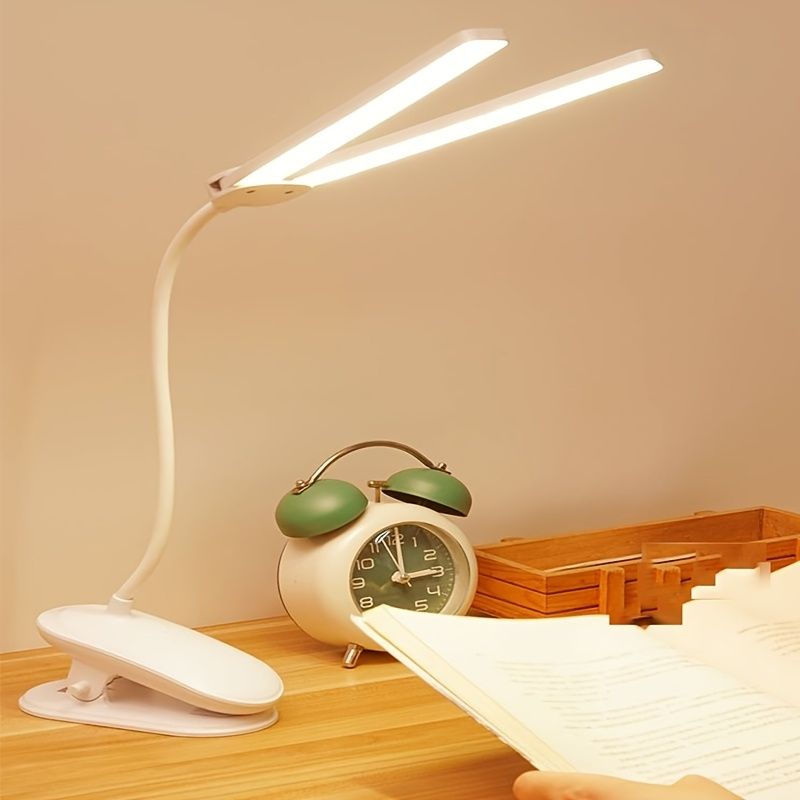 1pc Rechargeable USB Plug-in Clip Table Lamp; Double Heads Dimmable Eye Protection LED Lighting Table Lamp; Children Student Study Night Light Reading Lamp For Dormitory Bedroom Lighting