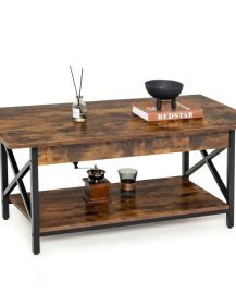 2-Tier Industrial Rectangular Coffee Table with Storage Shelf