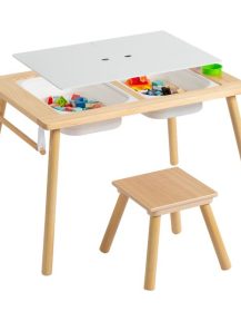 Children's Sensory Table with Stool, Kids Activity Table with 2 Storage Bins & 2 Pen Holders & Paper Roll, Multifunction Toddler Table for Play Study Dining Reading Arts Crafts, Wood