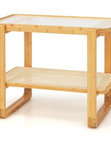 2-tier Bamboo Side Table with Glass Top